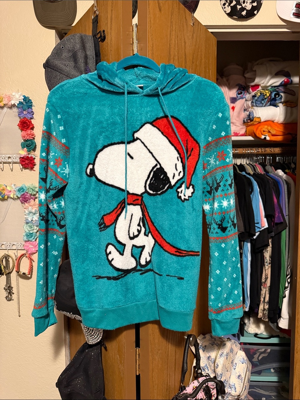 Peanuts Plush Hoodie in Teal with Red Accent